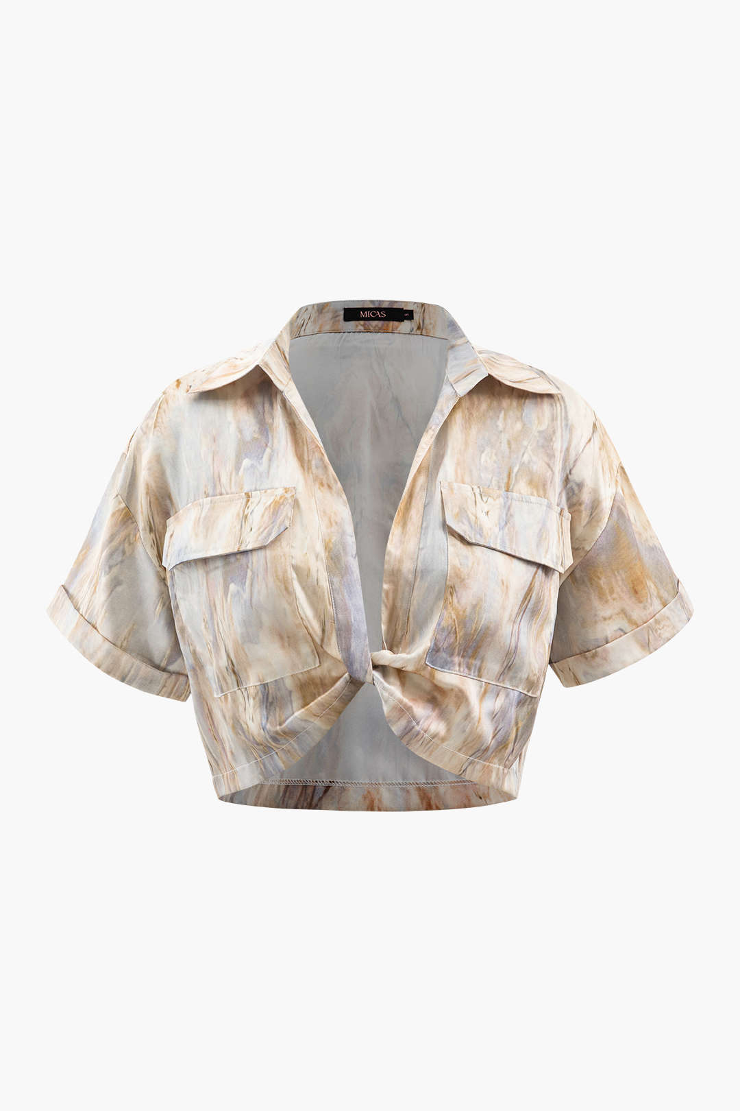 Marble Print Twist Hem Crop Shirt