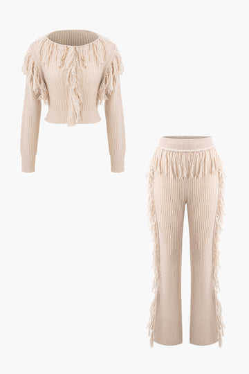 Fringe Detail Long Sleeve Knit Sweater And Knit Pants Set