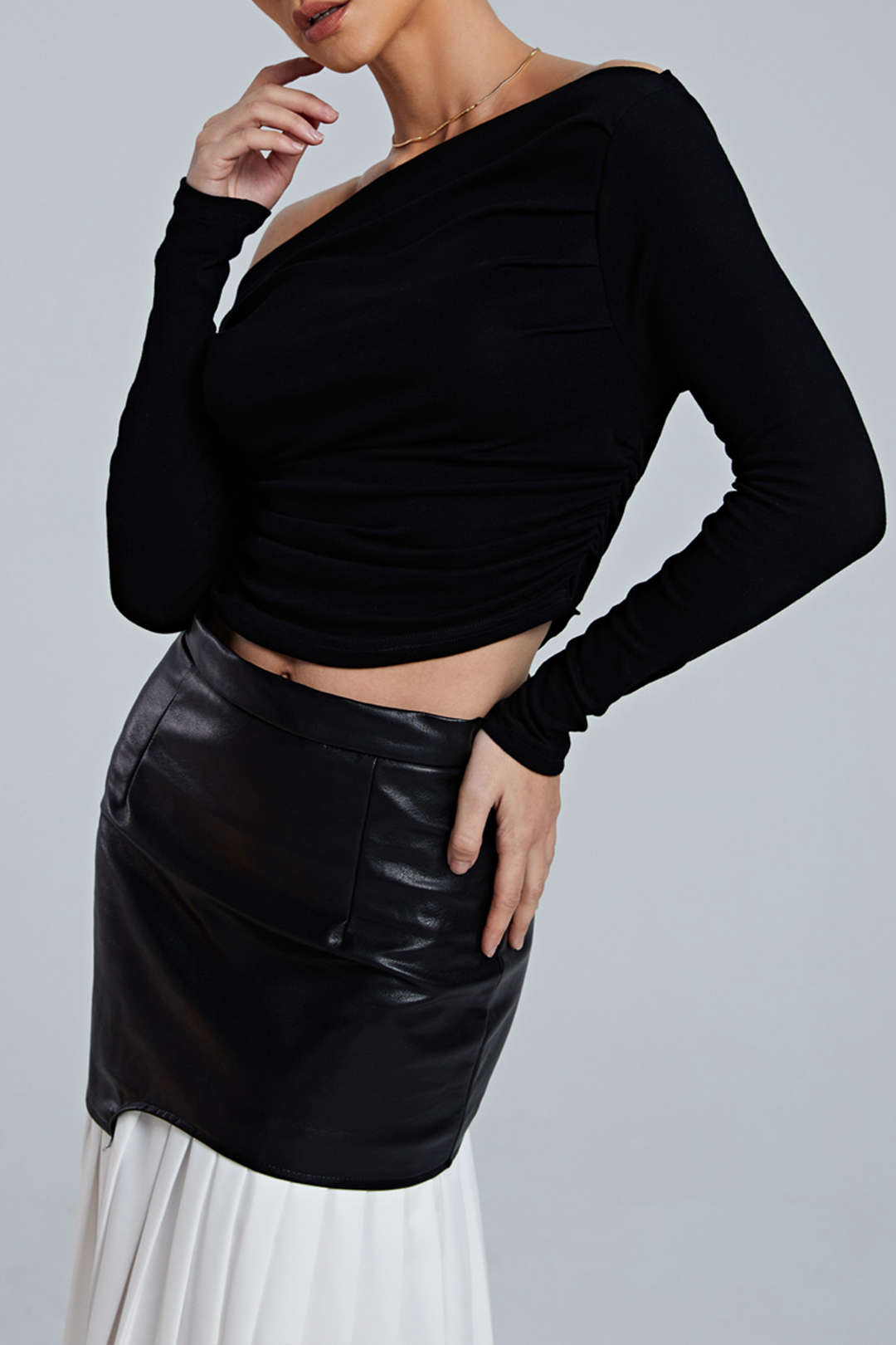 Asymmetric Shoulder Ruched Long Sleeve Top