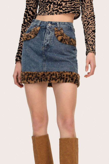 Leopard Pattern Faux Fur Detail Denim Mini Skirt