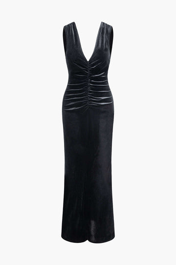 V-neck Sleeveless Velvet Ruched Slit Maxi Dress