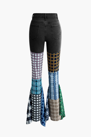 Patchwork Plaid Flare Leg Jeans