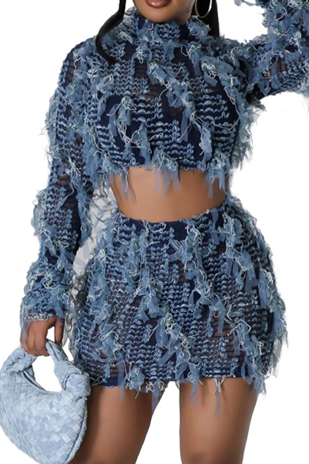 Fringe Mock Neck Long Sleeve Top And Mini Skirt Set