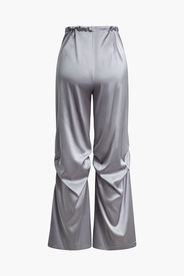 Satin Drawstring Ruched High Waist Wide Leg Pants