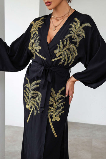 Coconut Tree Embroidery Belted Cover Up