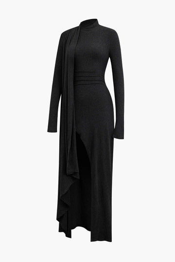 Mock Neck Wrap Ruched Long Sleeve Slit Maxi Dress