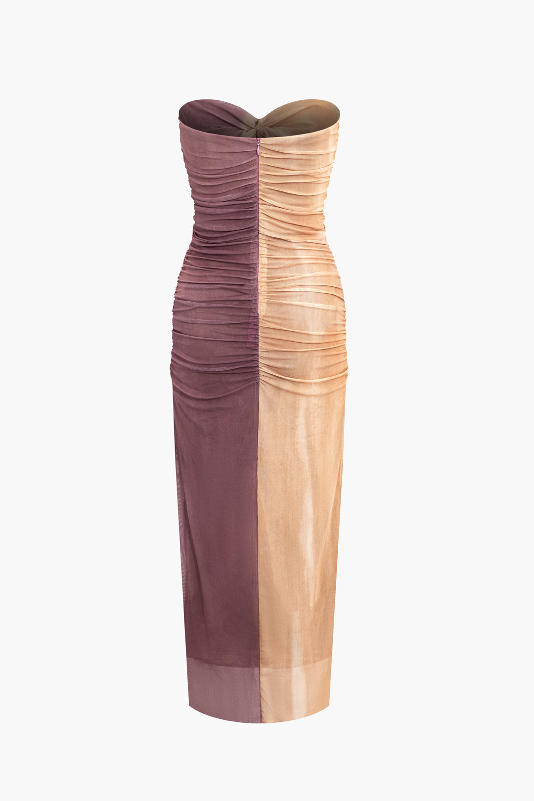 Tie Dye Ruched Mesh Strapless Midi Dress