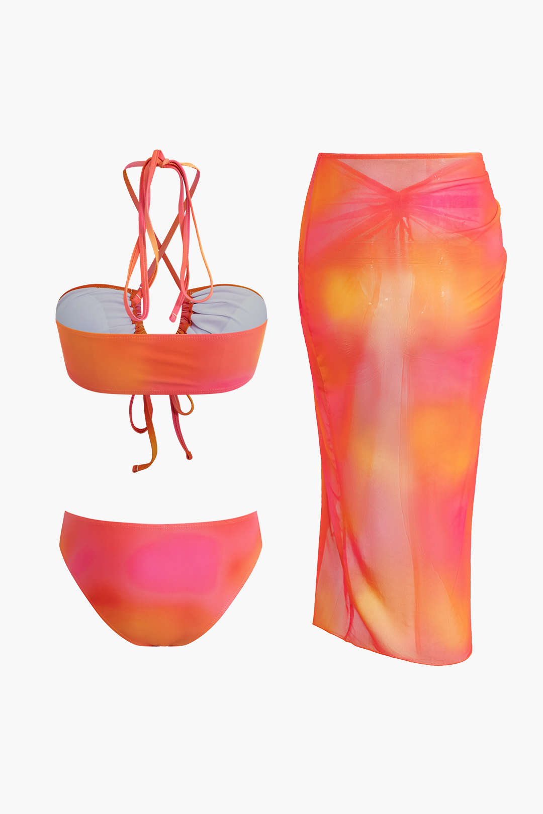 Ombre Cross Tie Halter Bikini Set And Split Mesh Cover Up Set