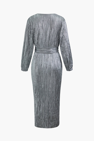 V-neck Sequin Belted Long Sleeve Maxi Dress