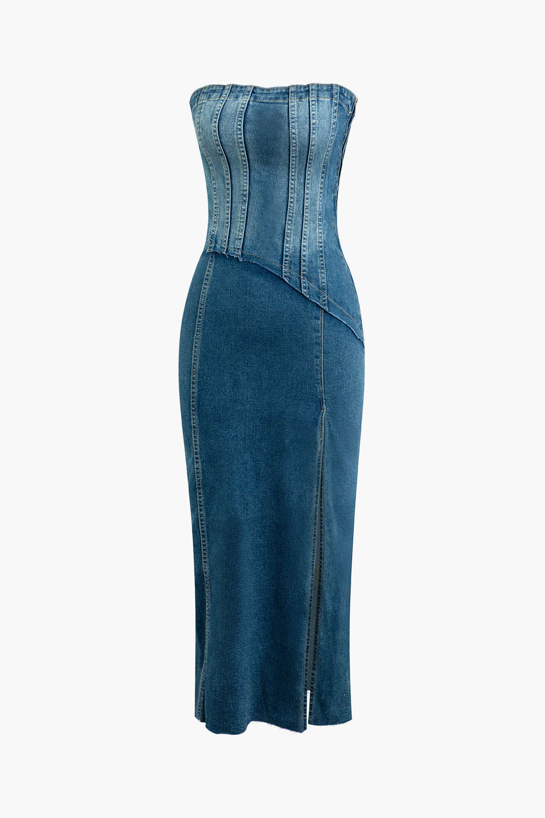 Faded Slit Strapless Denim Midi Dress