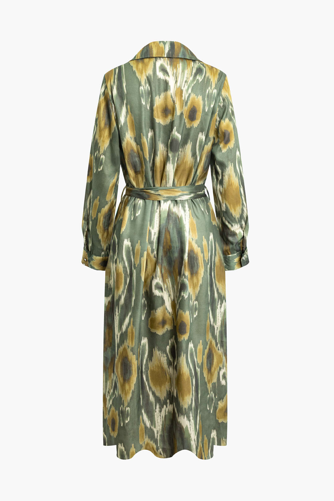 Printed Long Sleeve Belted Midi Shirt Dress