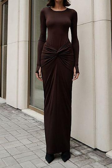 Round Neck Long Sleeve Bodysuit And Ruched Split Maxi Skirt Set