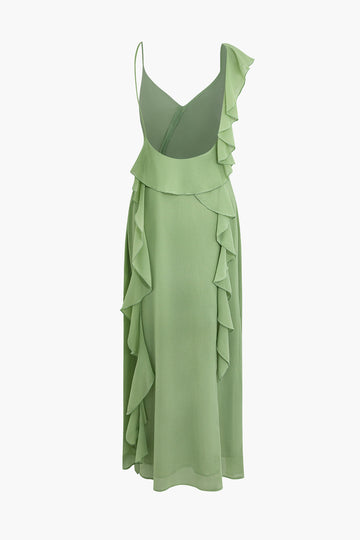 Asymmetric Ruffled Slit V-neck Backless Maxi Dress