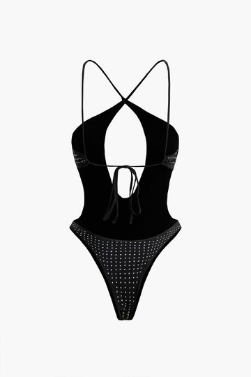 Tummy Control Rhinestone Embellished Tie Back One-Piece Swimsuit