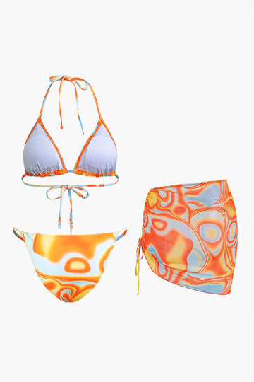 Abstract Print Halter Bikini 3-Piece Sets