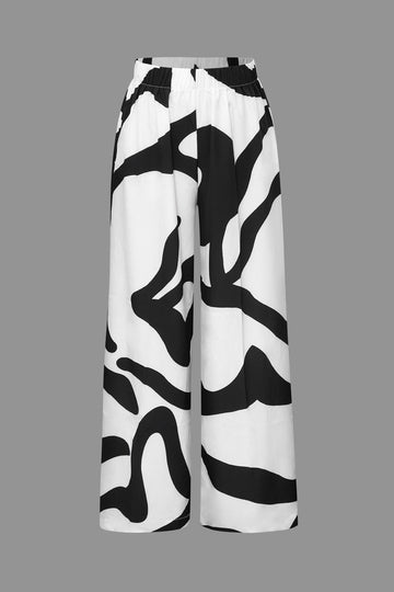 Line Print Button Up Shirt And High Waist Wide Leg Pants Set