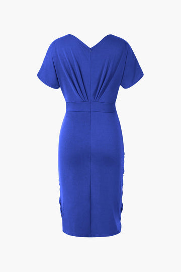 V-neck Short Sleeve Ruched Midi Dress