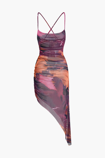 Tie Dye Mesh Ruched Slip Midi Dress