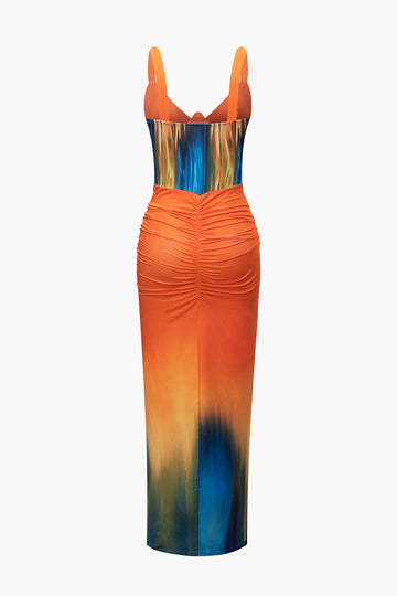 Tie Dye Print V-neck Ruched Maxi Dress