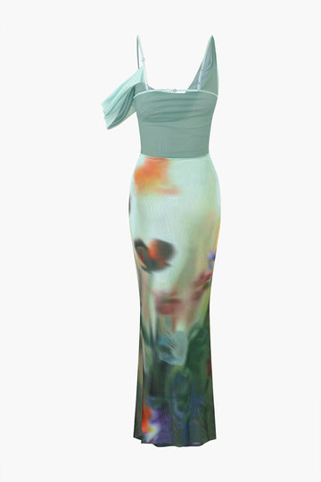 Tie Dye Mesh Backless Asymmetric Cowl Neck Maxi Dress