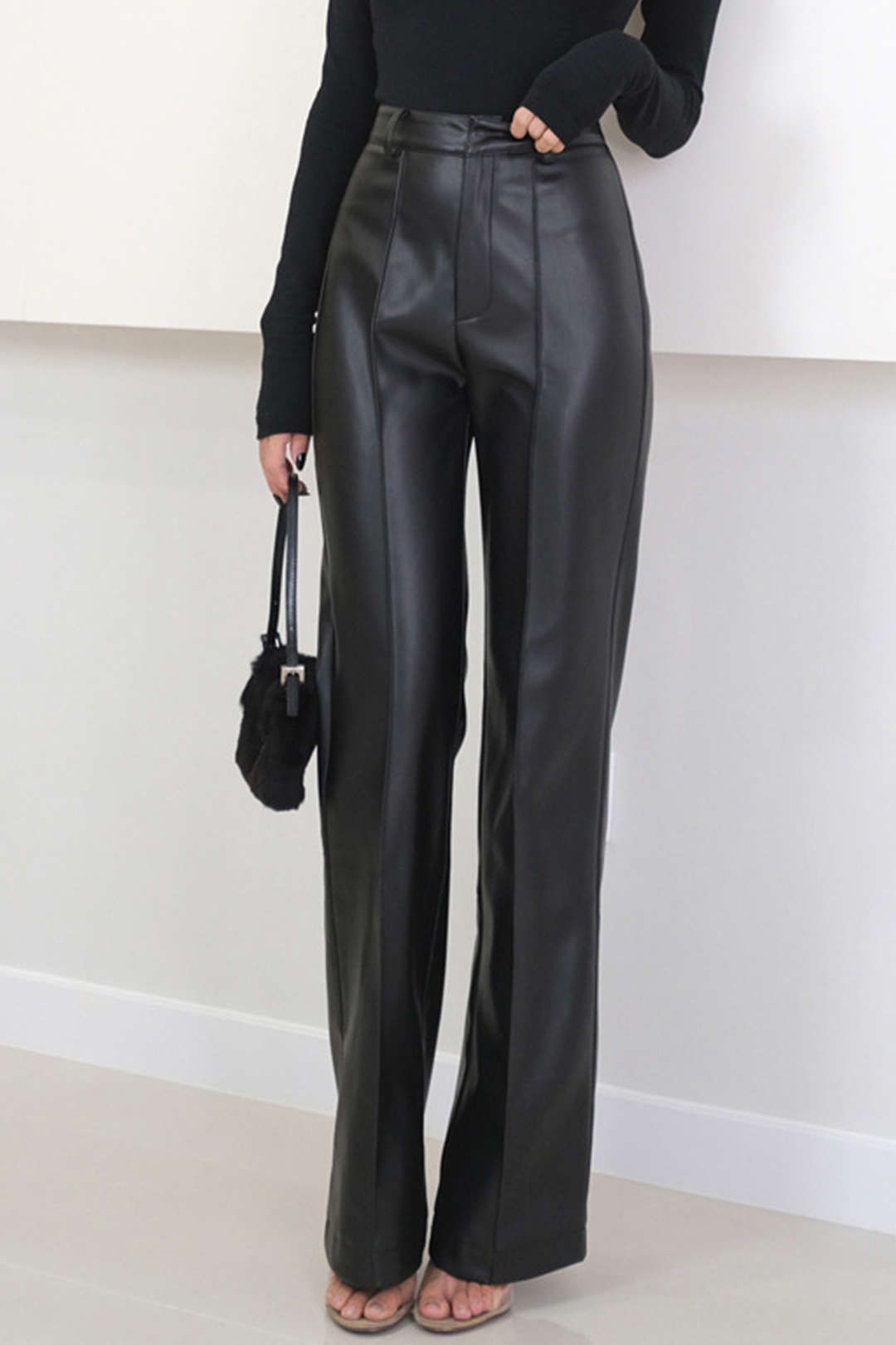 Faux Leather Stitching Detail Straight Leg Pants