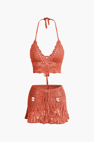 Crochet Halter Knit Cami Top And Mini Skirt Set