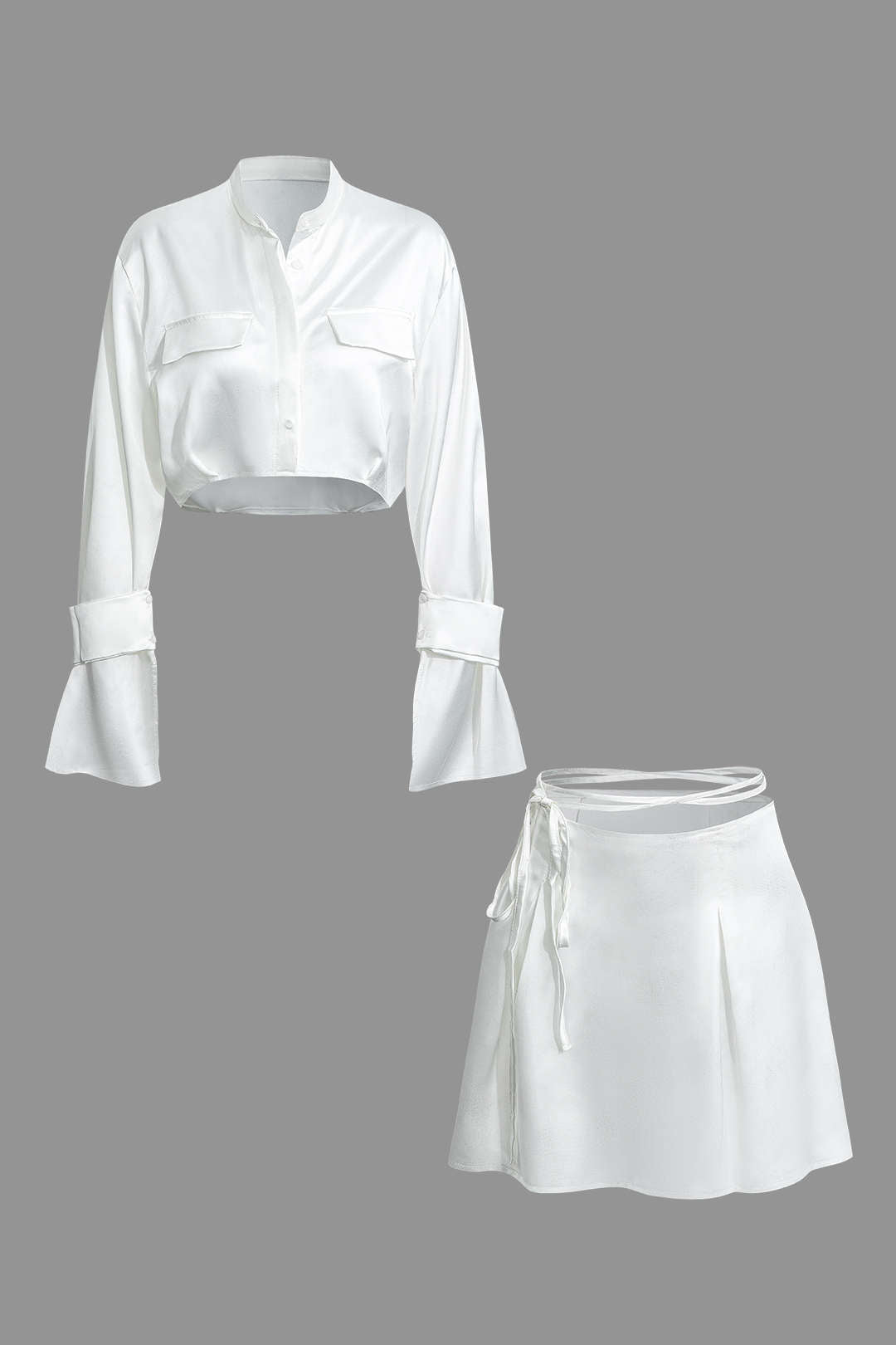 Mock Neck Button Up Bell Sleeve Crop Shirt And Mini Skirt Set