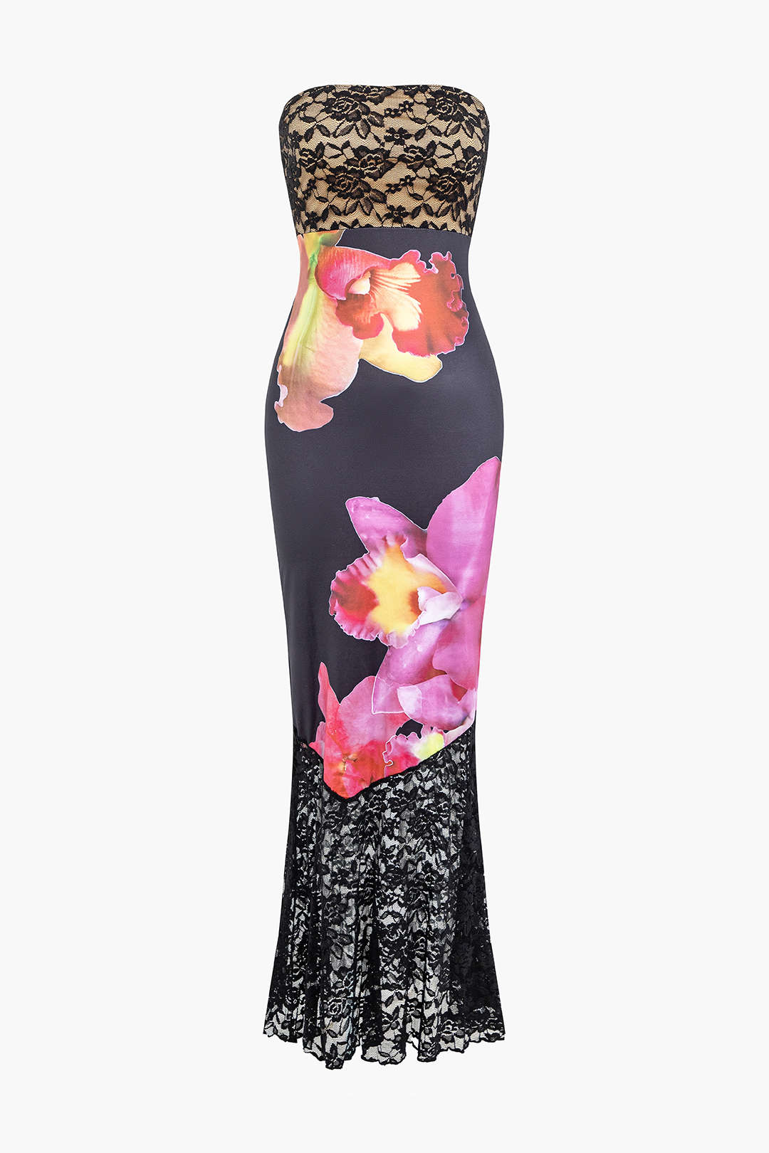 Floral Print Lace Patchwork Strapless Maxi Dress