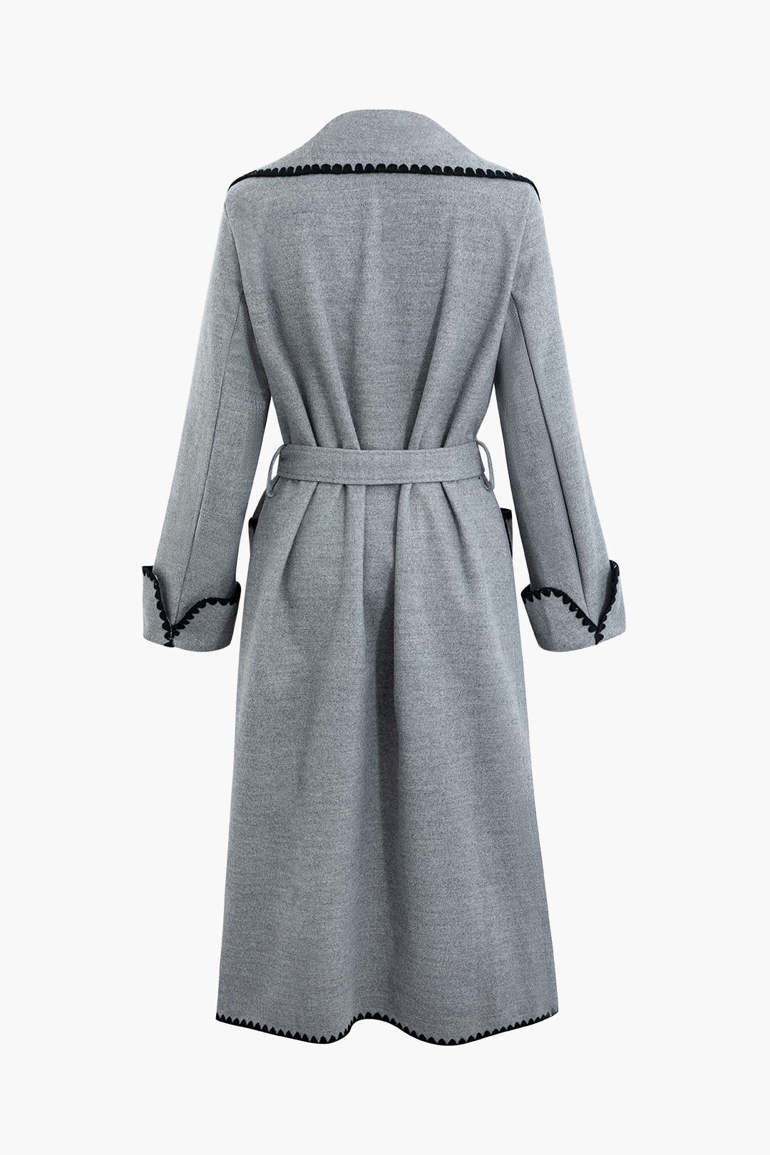 Scallop Trim Notched Lapel Belted Long Coat