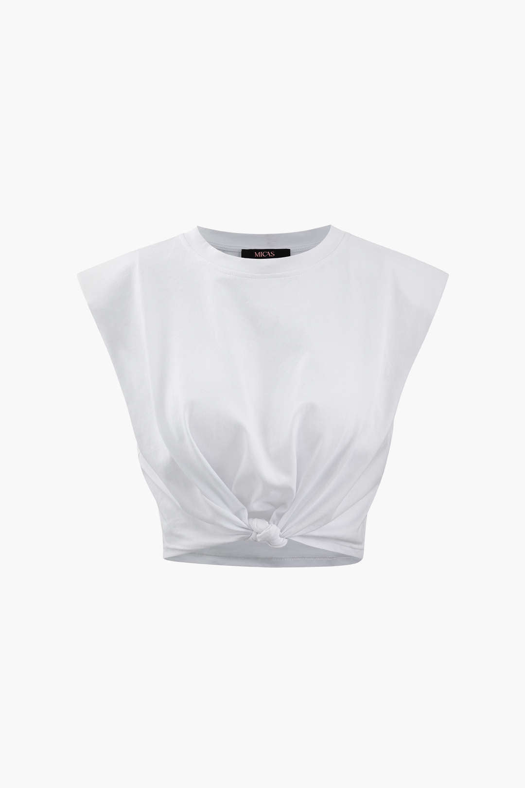 Solid Padded-Shoulder Knot Hem T-Shirt