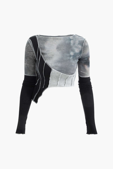 Tie-dye Stitching Asymmetrical Long Sleeve Crop Top