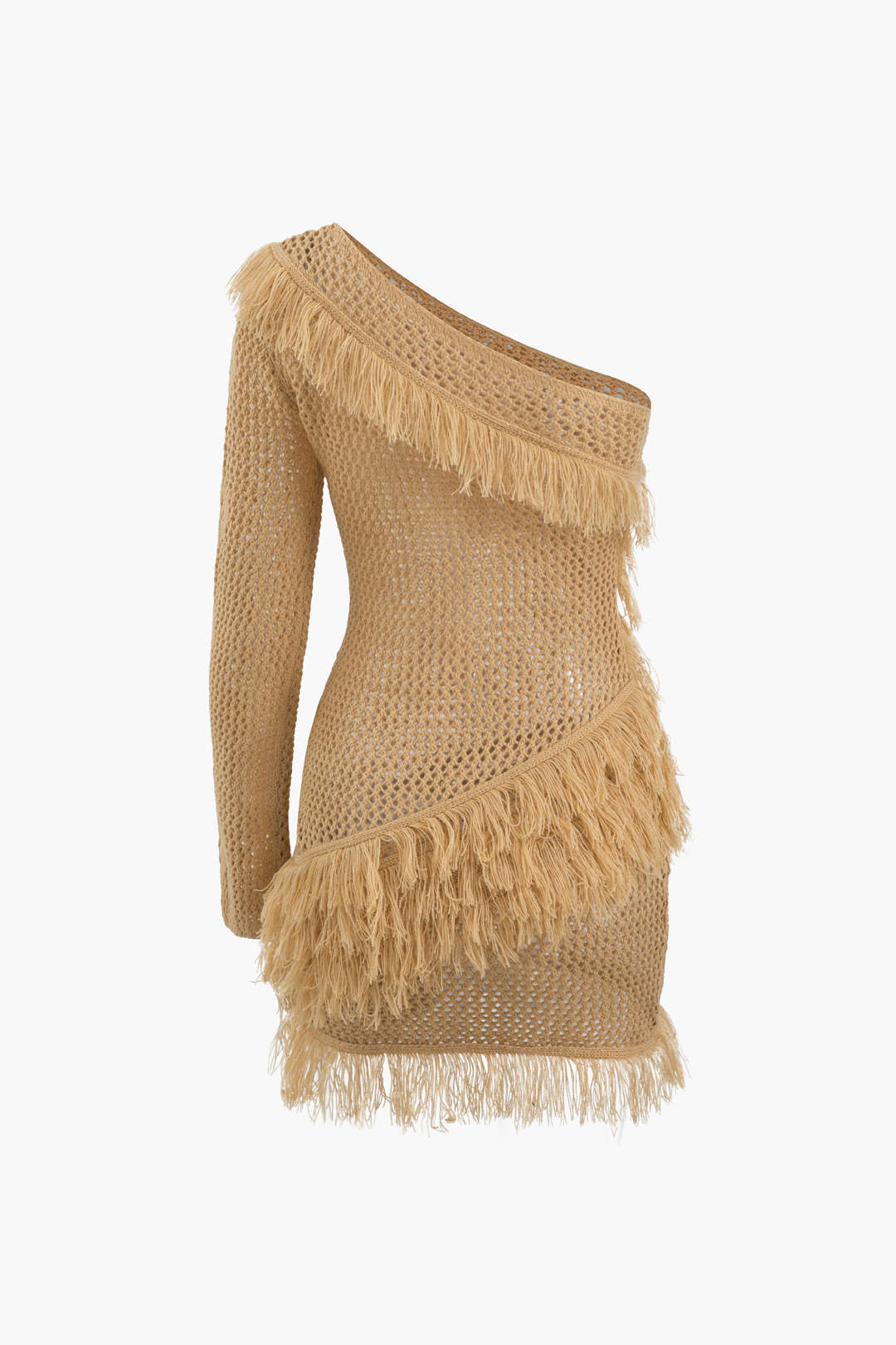 One Shoulder Fringe Openwork Knit Dress