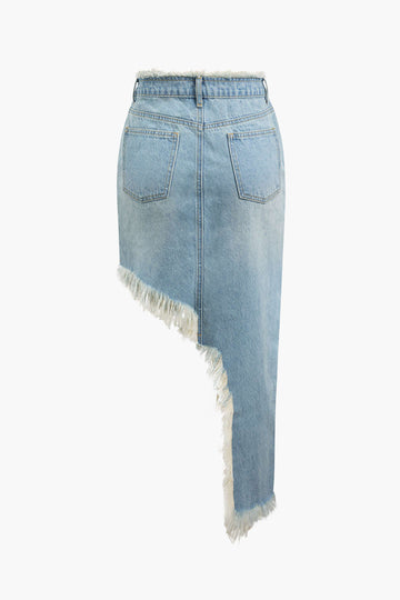 Asymmetric Frayed Trim Denim Skirt