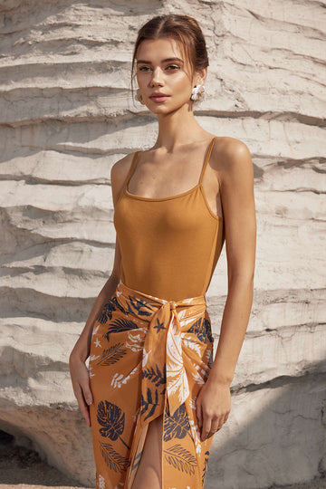 Solid Bodysuit And Leaves Print Knot Wrap Skirt Set