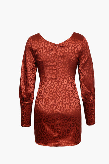 Jacquard Satin V Neck Buttons Long Sleeve Mini Dress