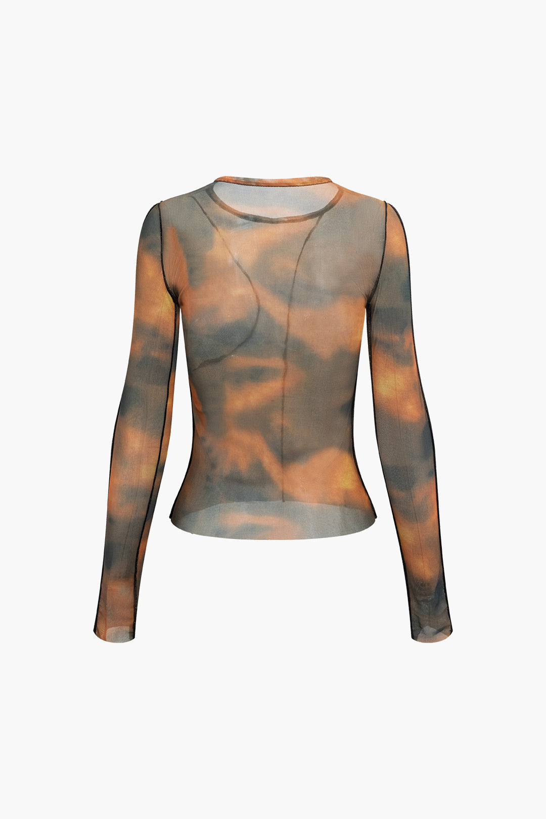 Tie Dye Stitching Round Neck Mesh Long Sleeve Top