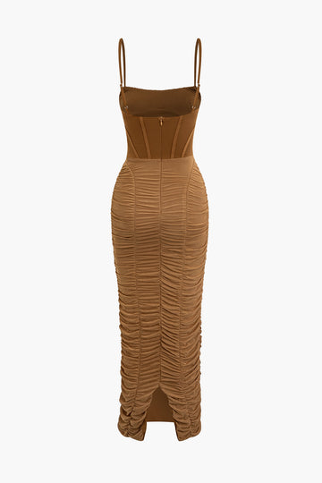 Solid Ruched Mesh Slip Maxi Dress