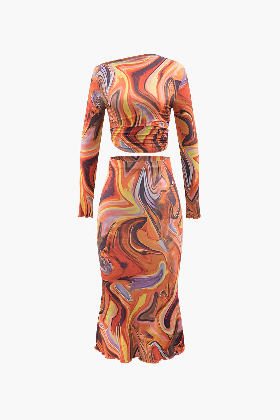 Abstract Print Asymmetric Long Sleeve Crop Top And Midi Skirt Set