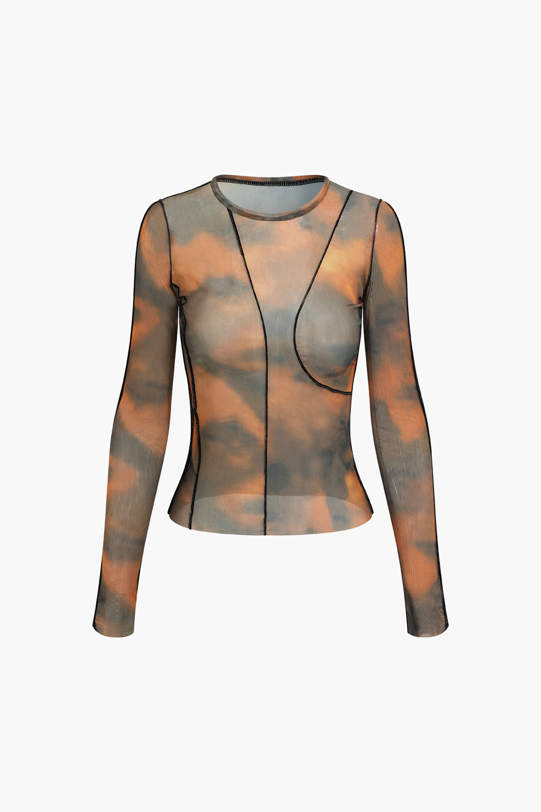 Tie Dye Stitching Round Neck Mesh Long Sleeve Top