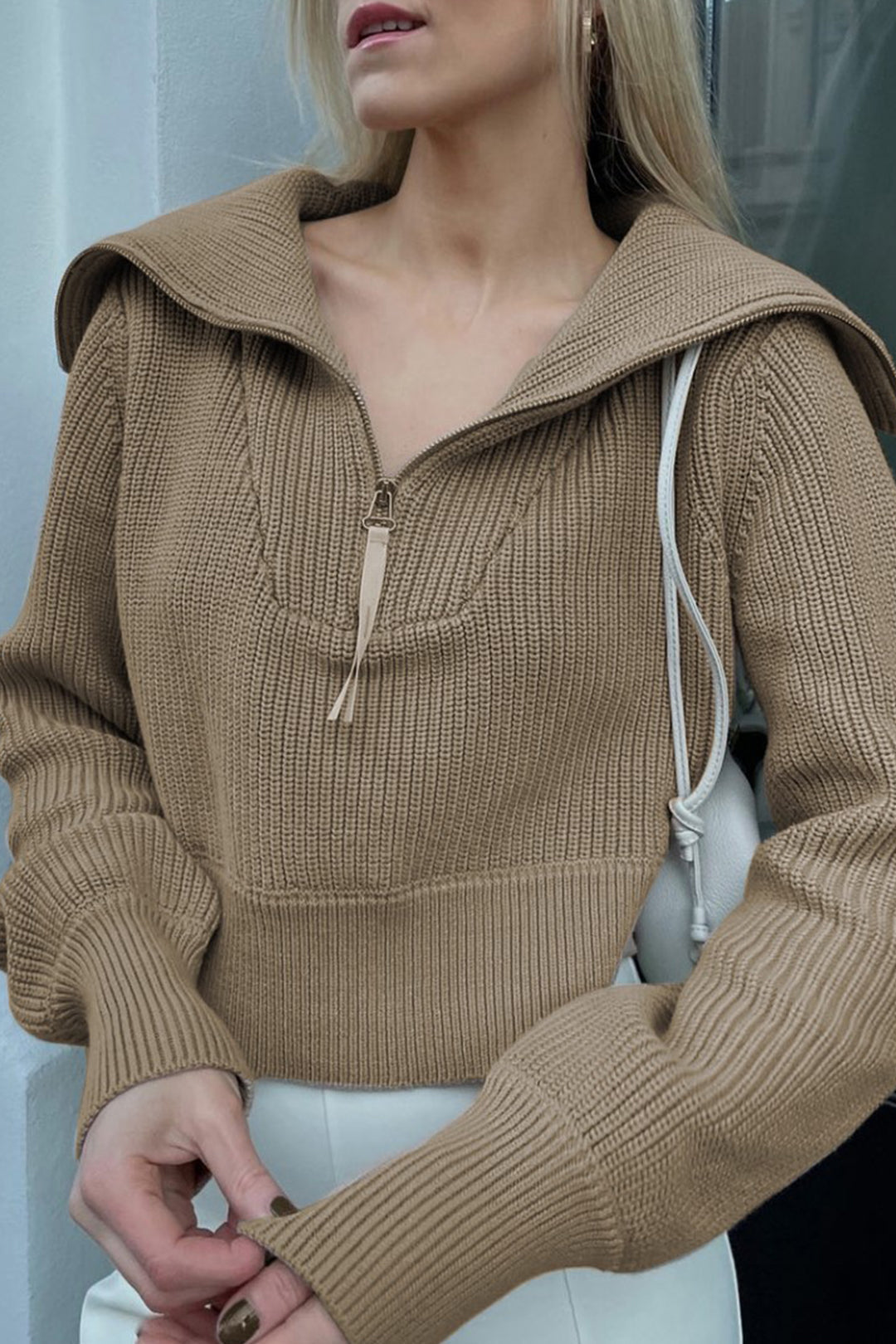 Wide Collar Half Zip Long Sleeve Sweater