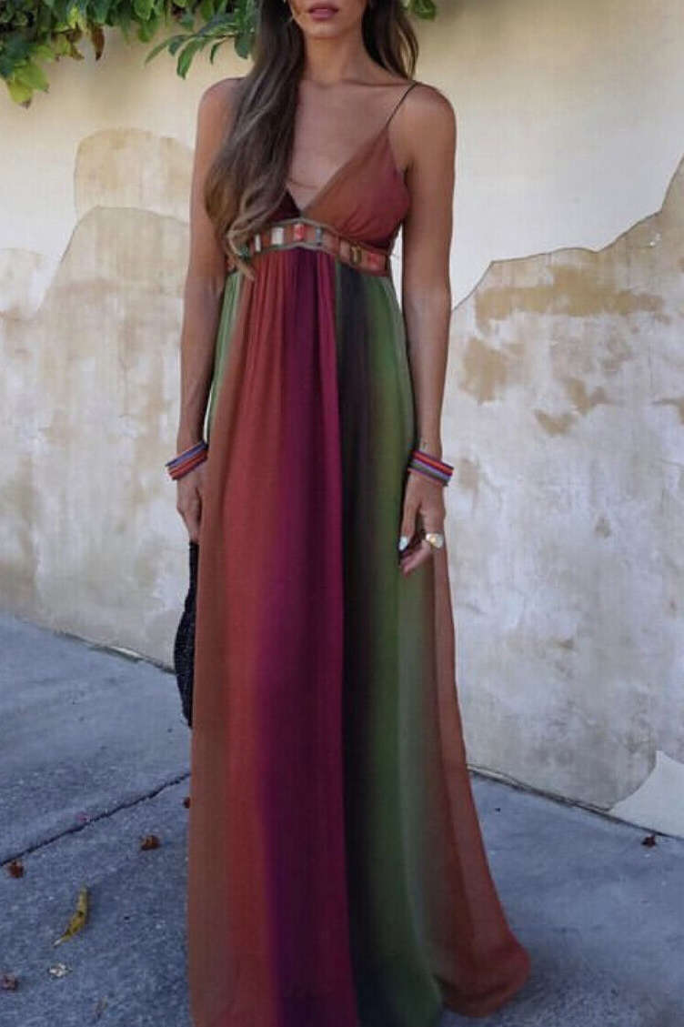 Contrast Stone Embellished Backless V-neck Maxi Dress