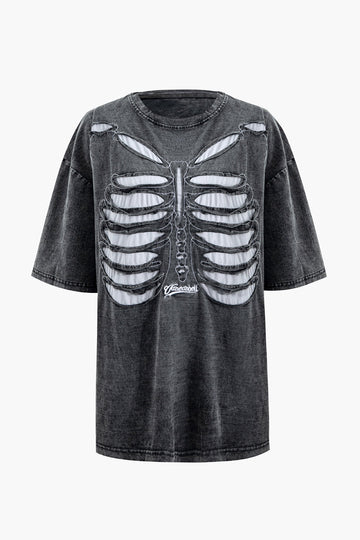 Skeleton Design Round Neck Distressed T-shirt