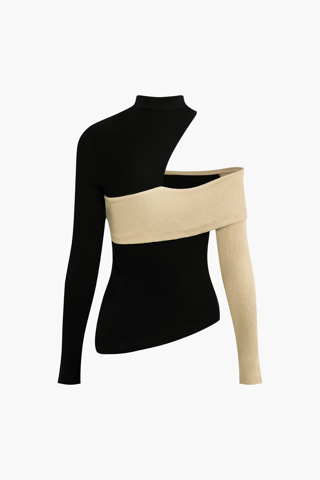 Asymmetrical Contrast Patchwork Mock Neck Cut Out Long Sleeve Top