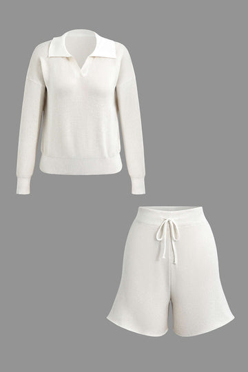 V-neck Collared Long Sleeve Knit Top And Drawstring Shorts Set