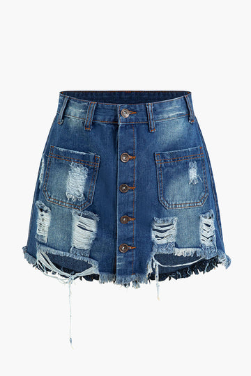 Distressed Faded Frayed Hem Denim Skirt