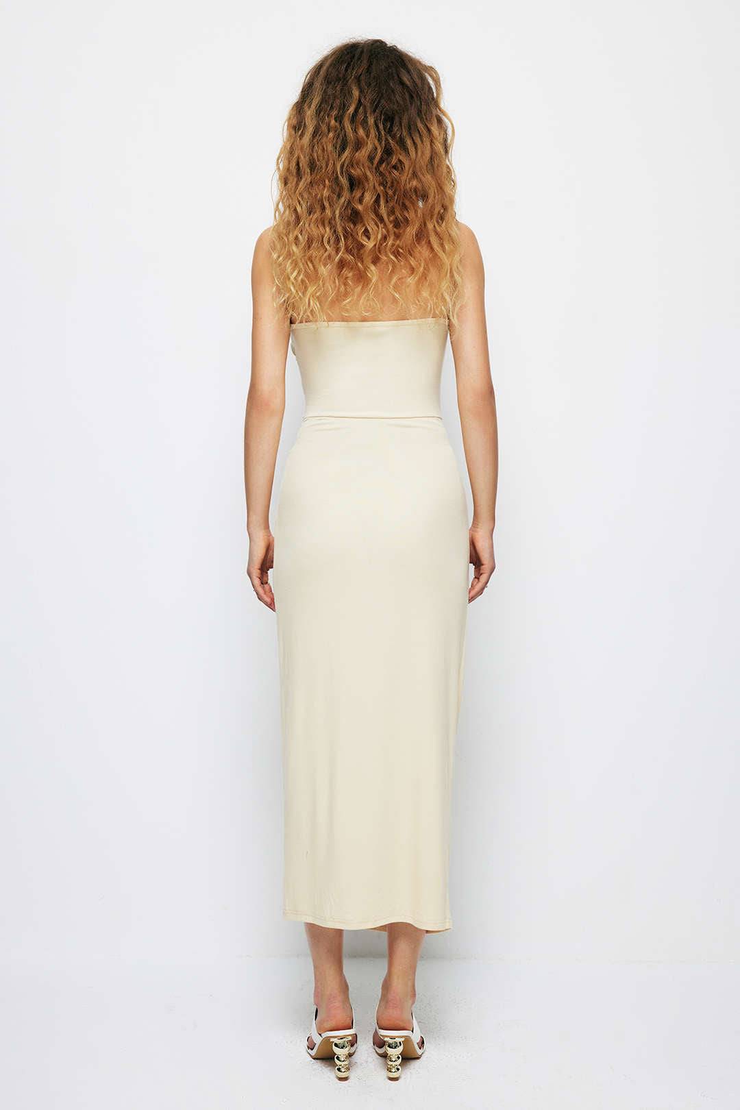 Solid Ruched Strapless Midi Dress