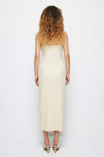 Solid Ruched Strapless Midi Dress