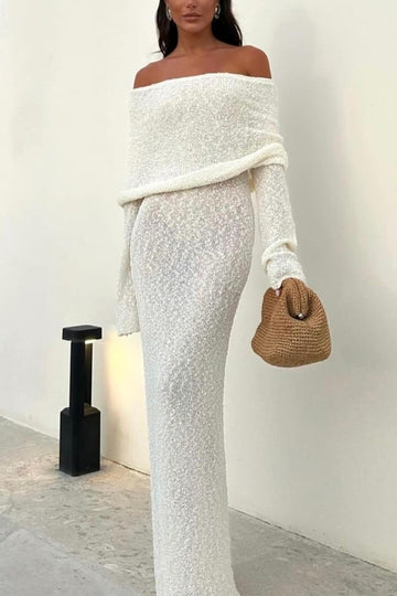 Off Shoulder Open Knit Maxi Dress