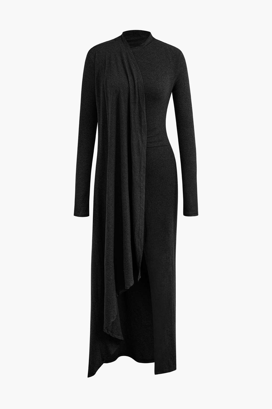 Mock Neck Wrap Ruched Long Sleeve Slit Maxi Dress