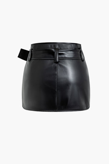 Rivet Faux Leather Wrap Mini Skirt With Belt